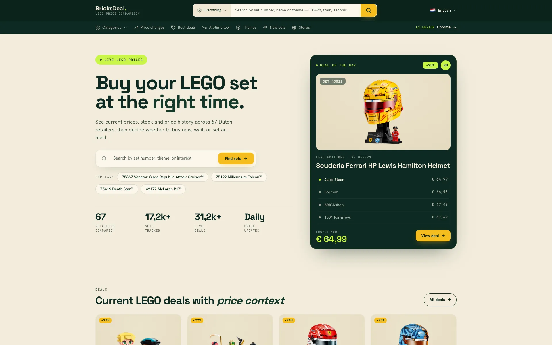 BricksDeal homepage with search, live catalogue counts, and a featured LEGO deal