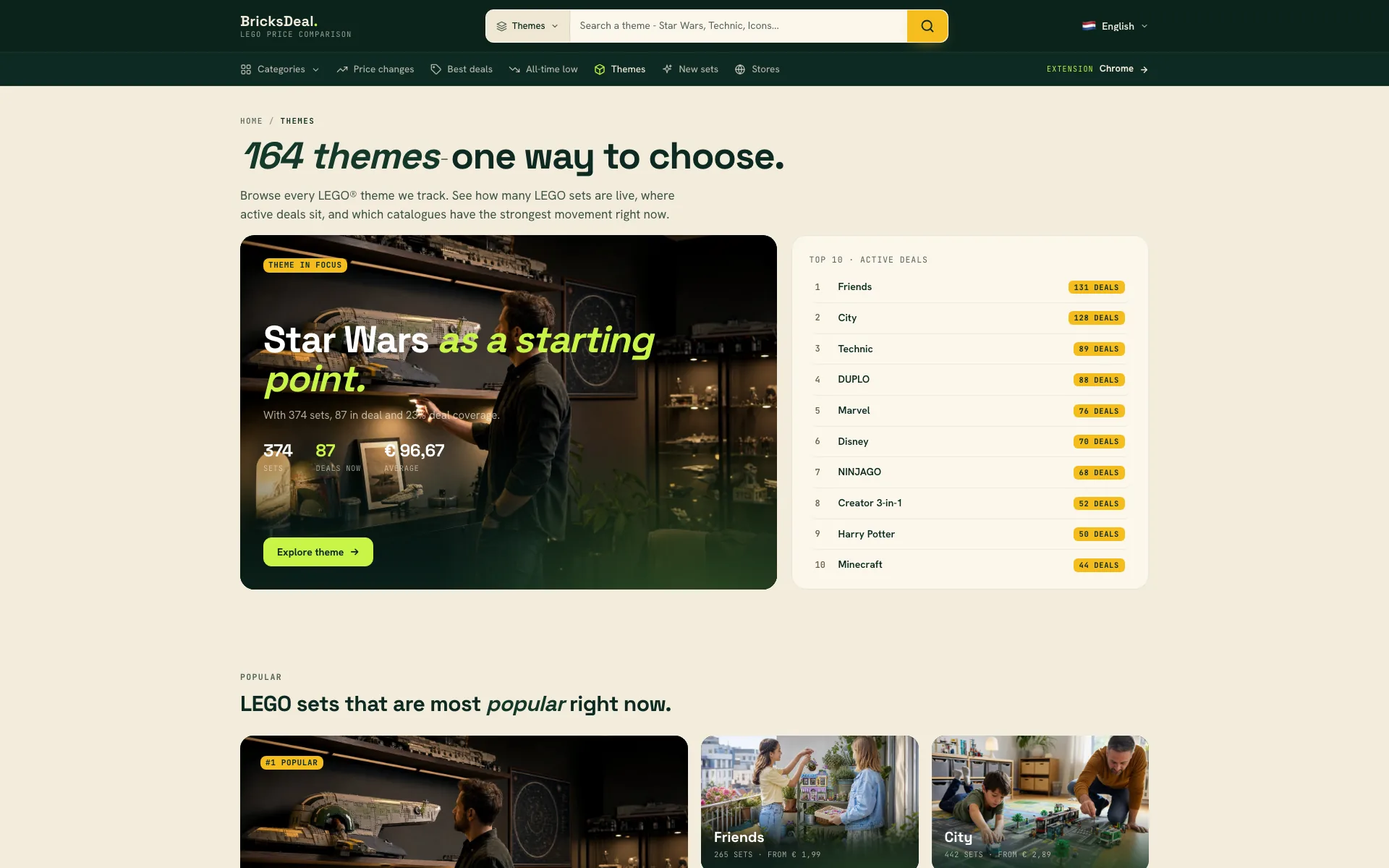 BricksDeal theme index for browsing LEGO sets by theme.