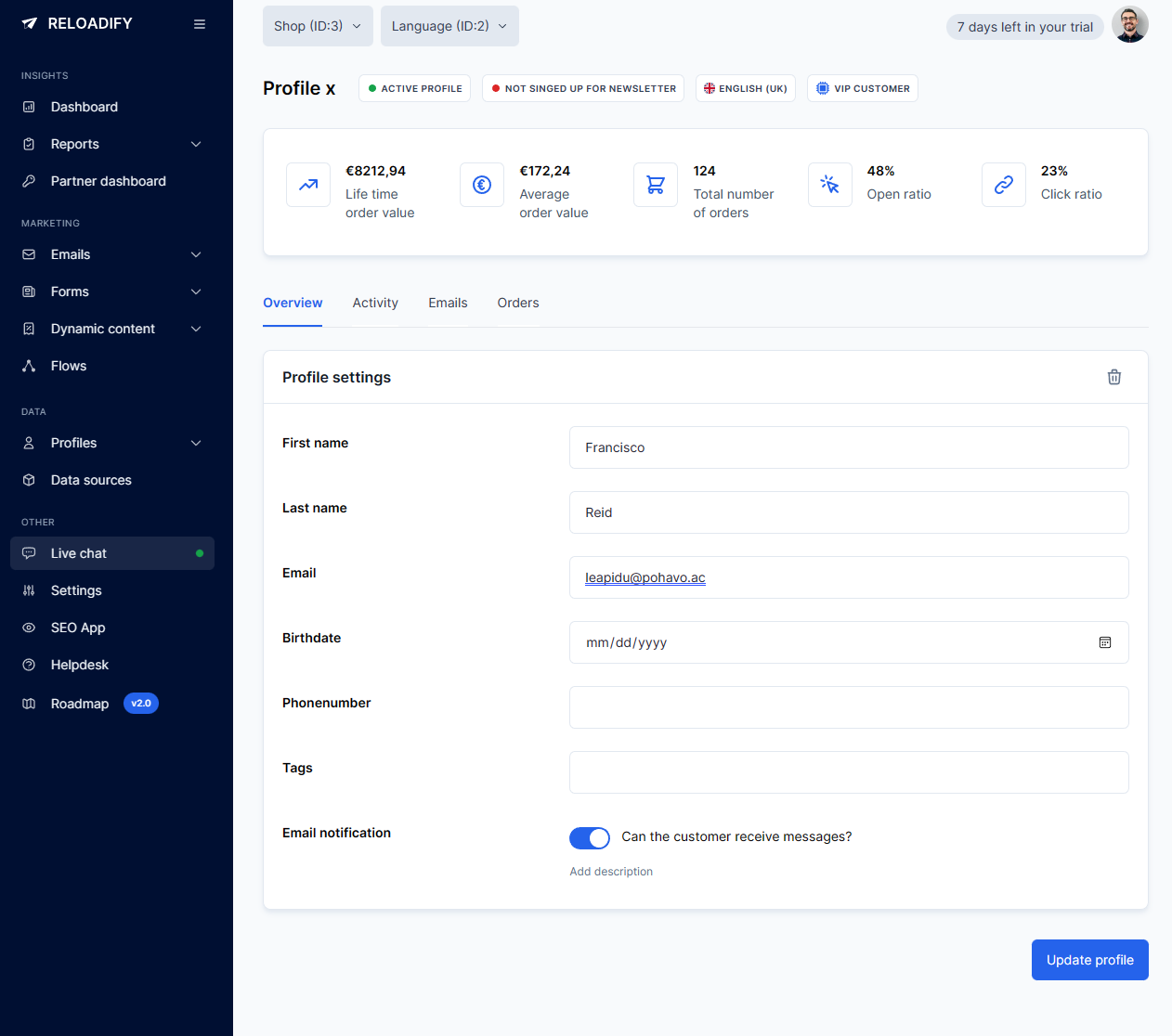 Interface screenshot of Reloadify App