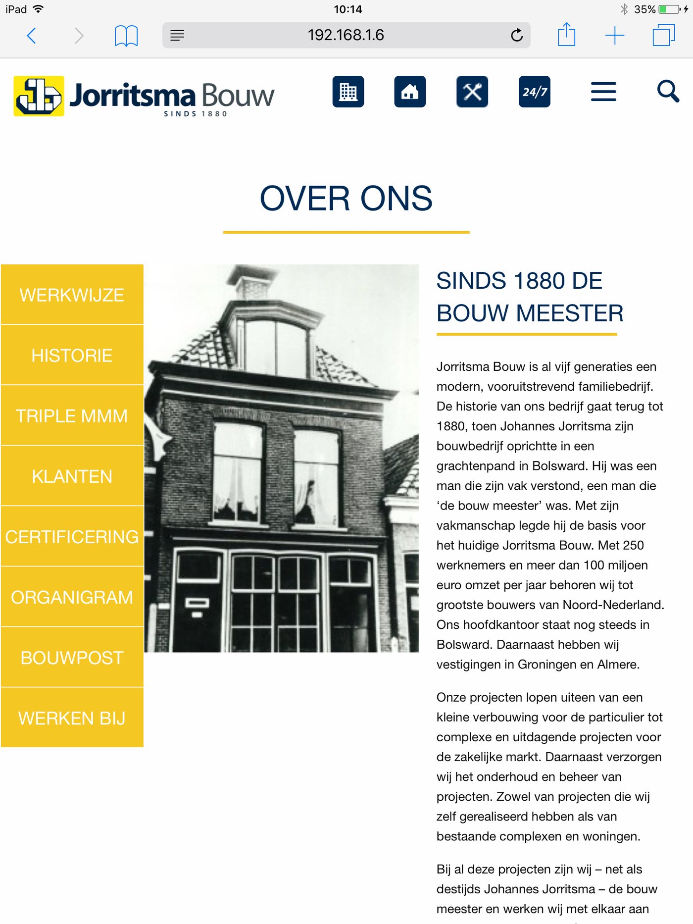 Mobile view of the Jorritsma bouw website