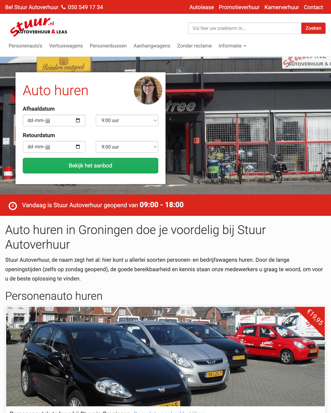 Mobile view of the Stuur autoverhuur website