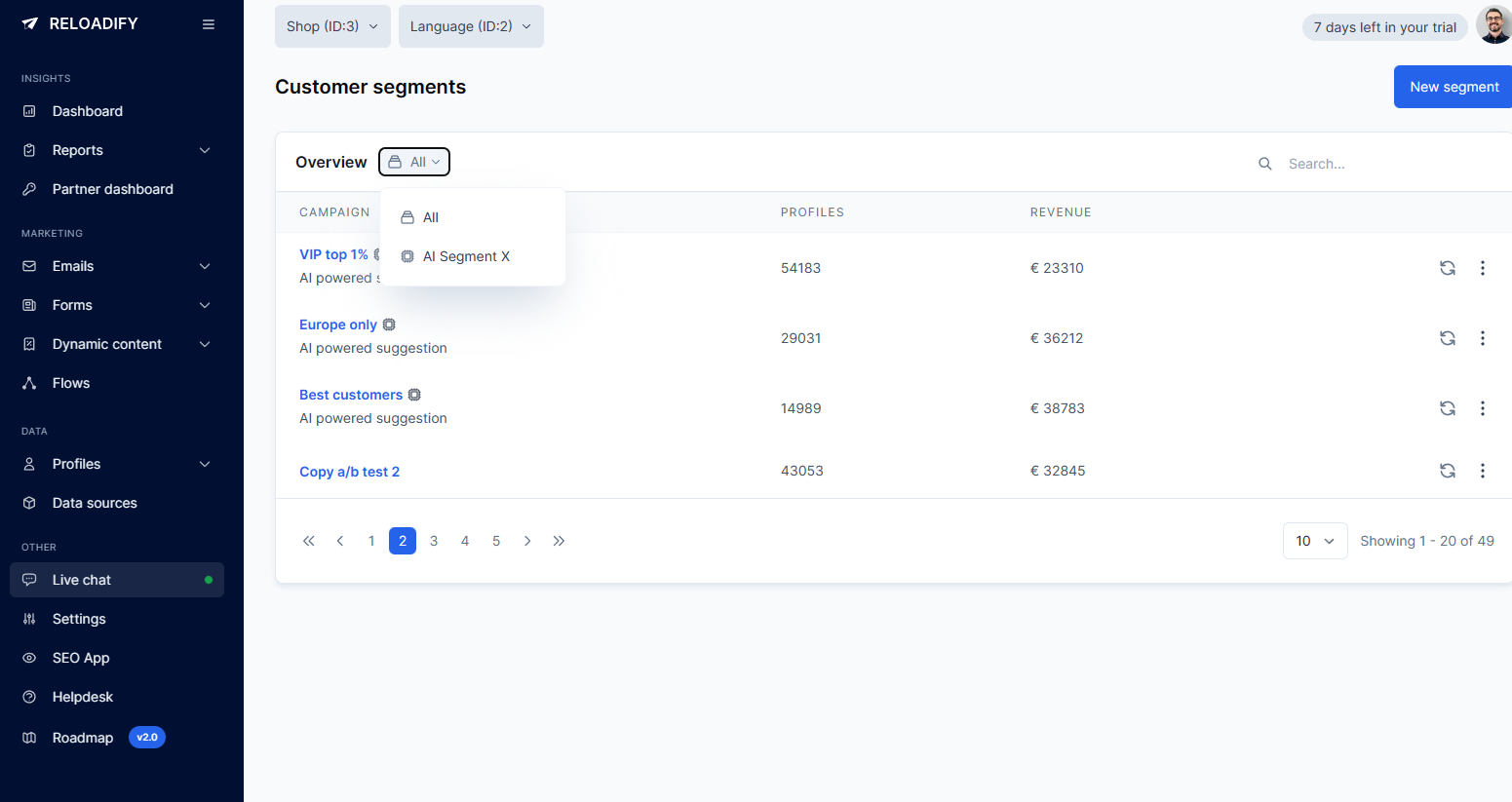 Wide screenshot of Reloadify App