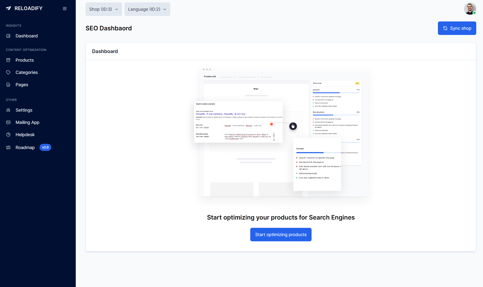 Desktop layout for Reloadify App