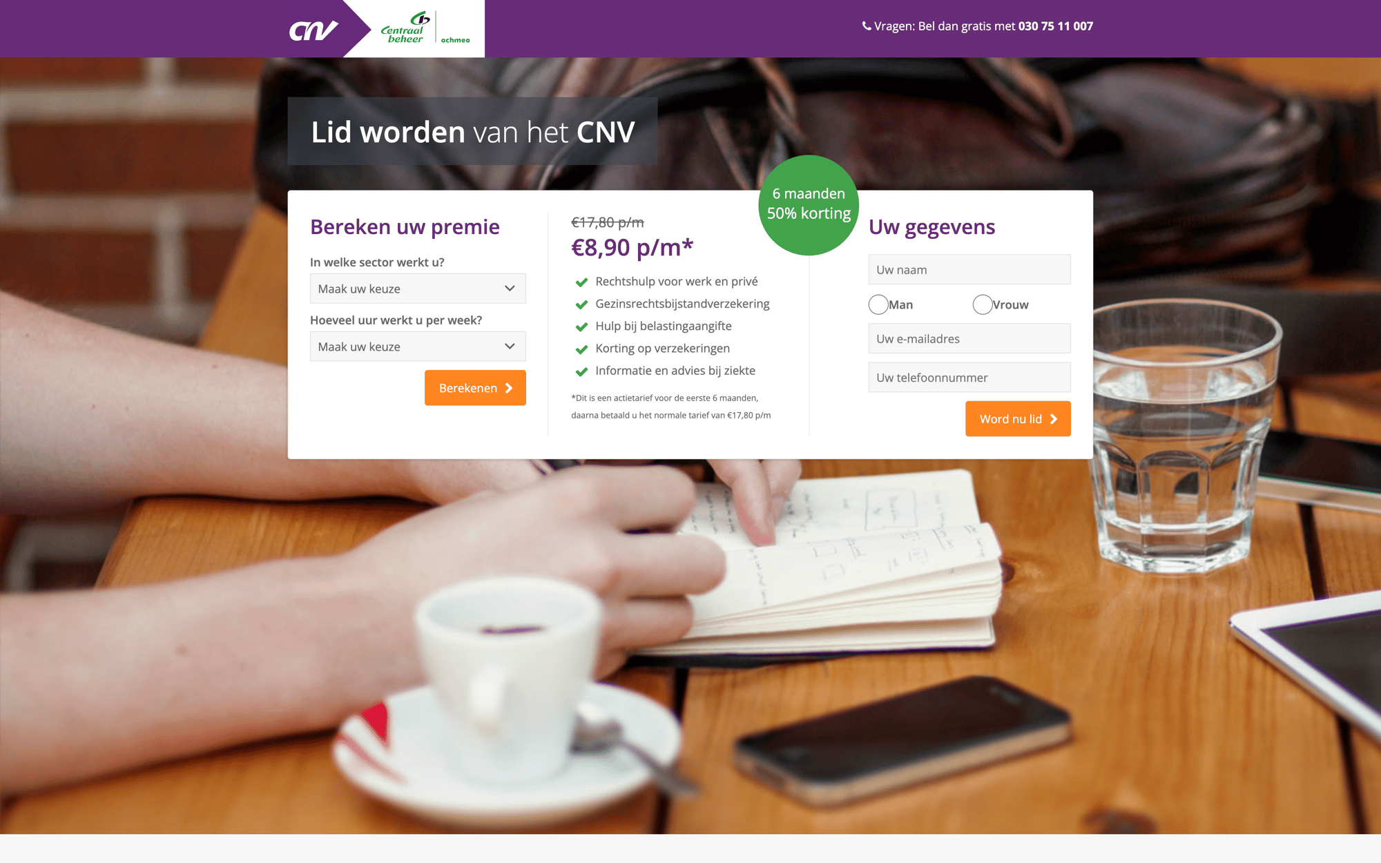 Desktop view of the CNV + Centraal Beheer website