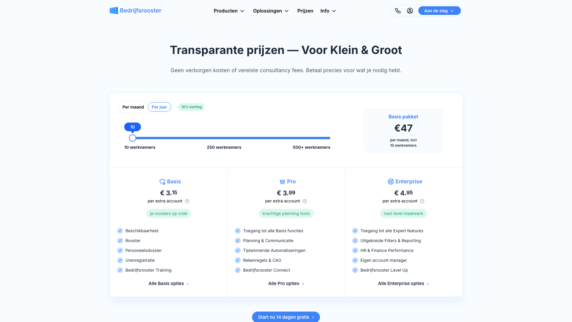 Pricing page — Bedrijfsrooster