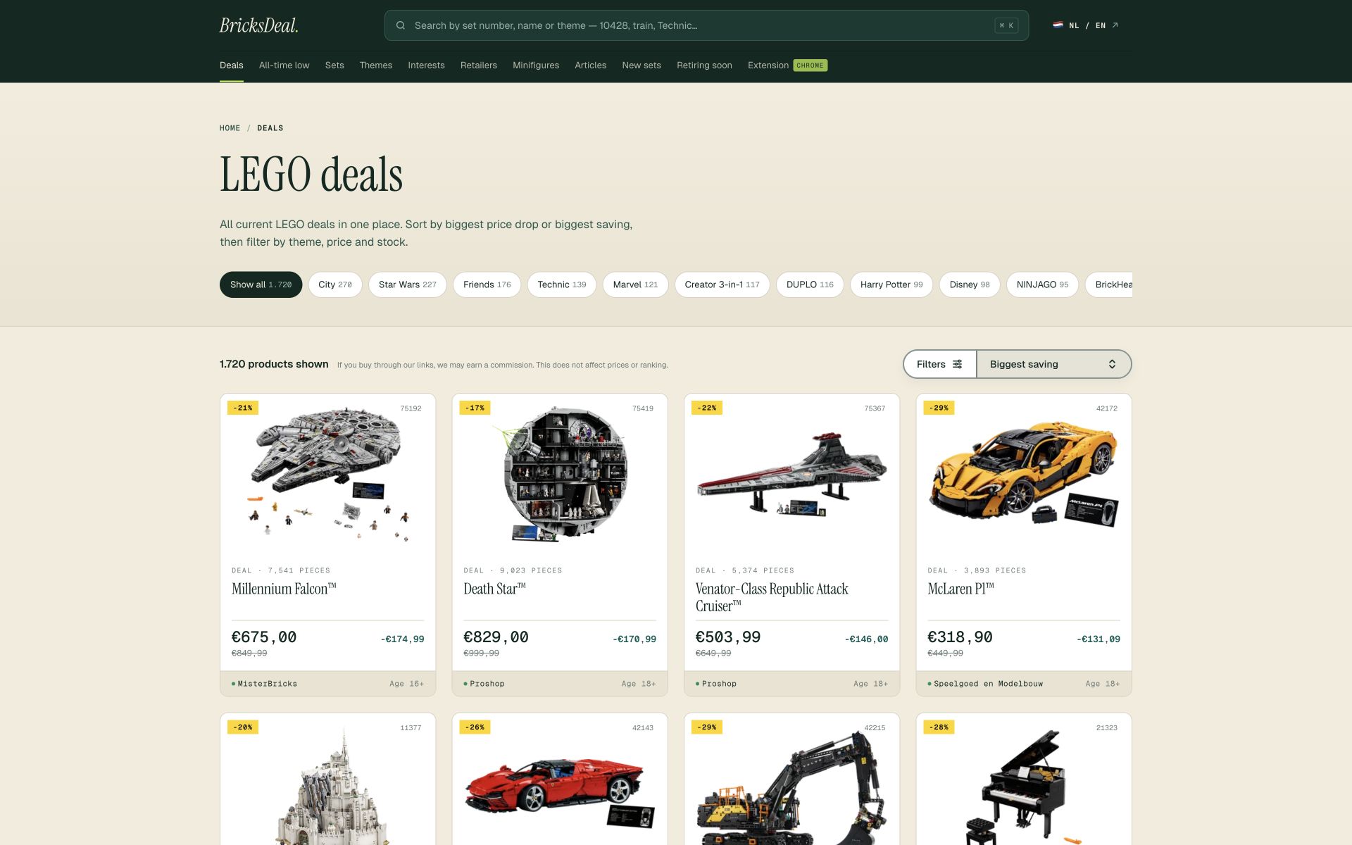 BricksDeal deals page with LEGO set discount cards