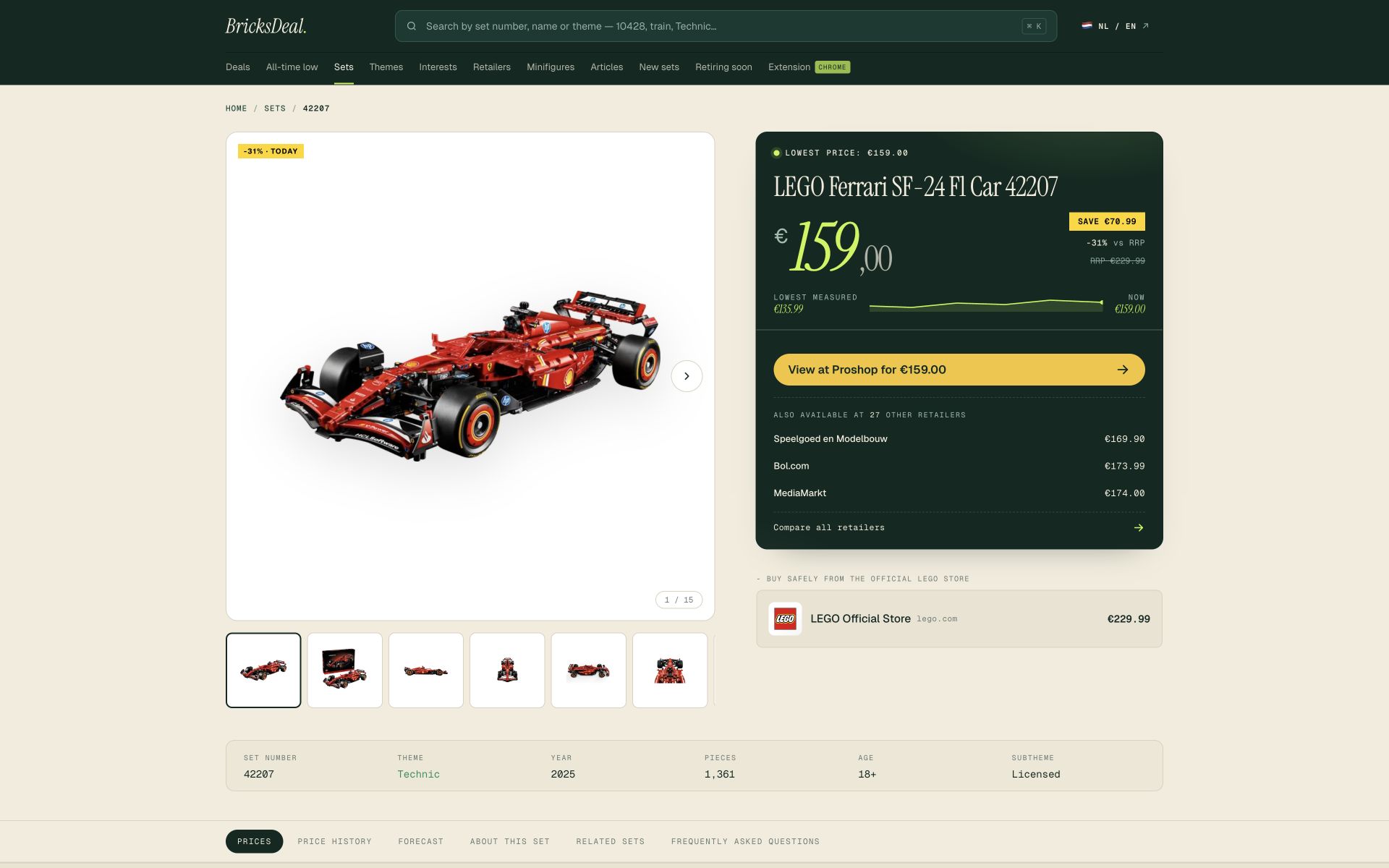 BricksDeal set detail page with retailer prices and price history