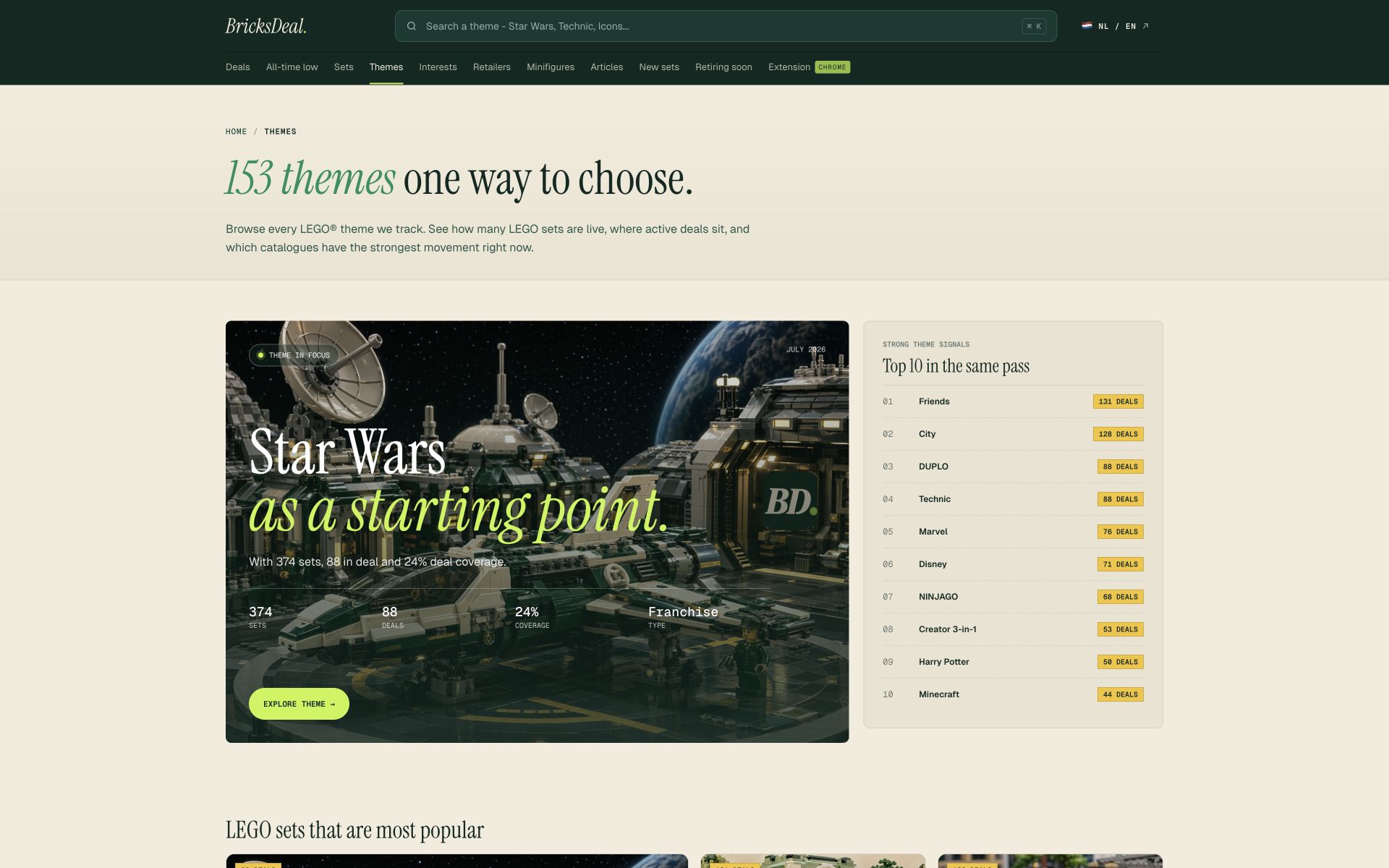 BricksDeal themes page for browsing LEGO categories