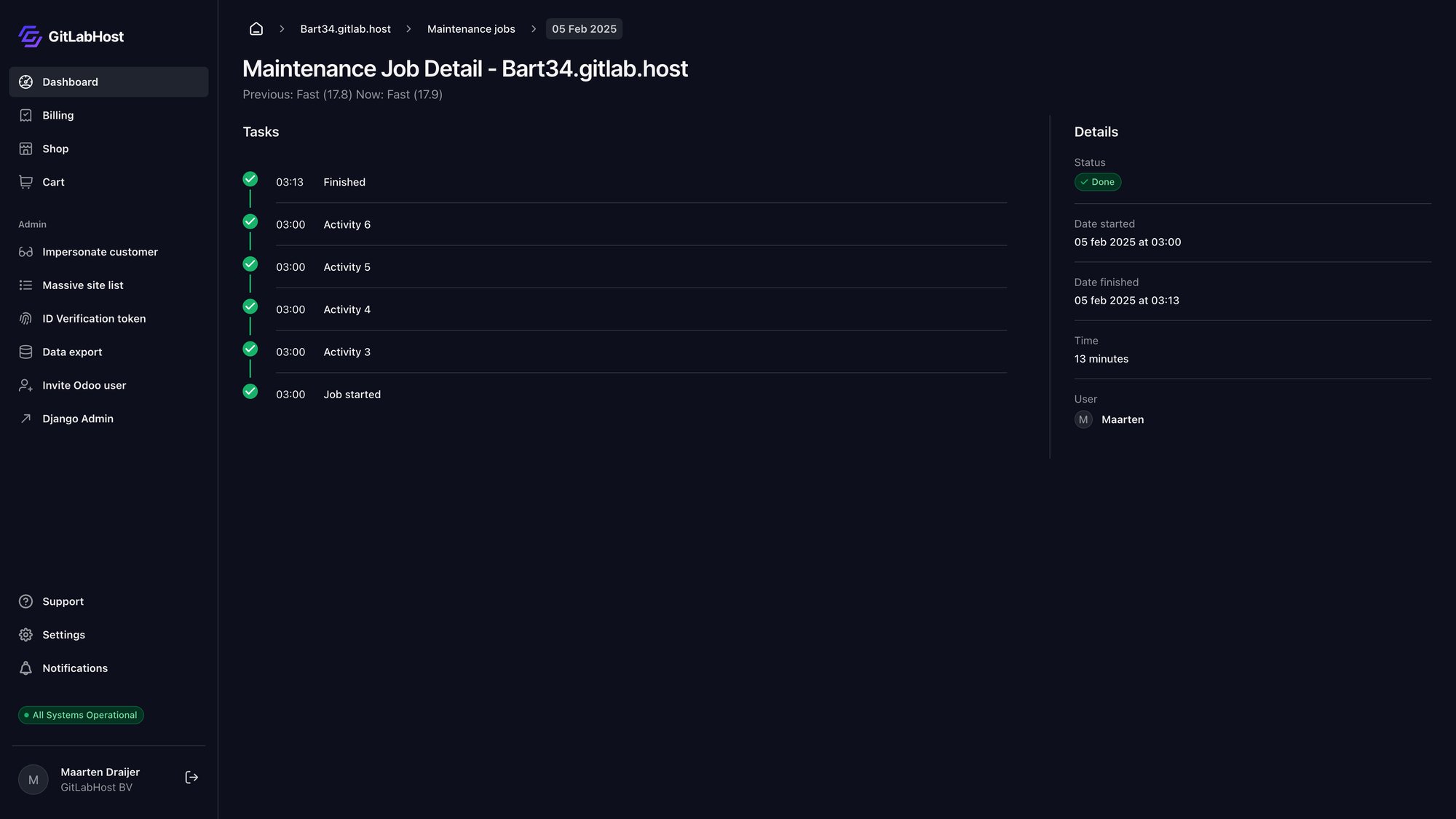 GitlabHost Dashboard screenshot: /1-5-1-instance-maintenance-job-detail/