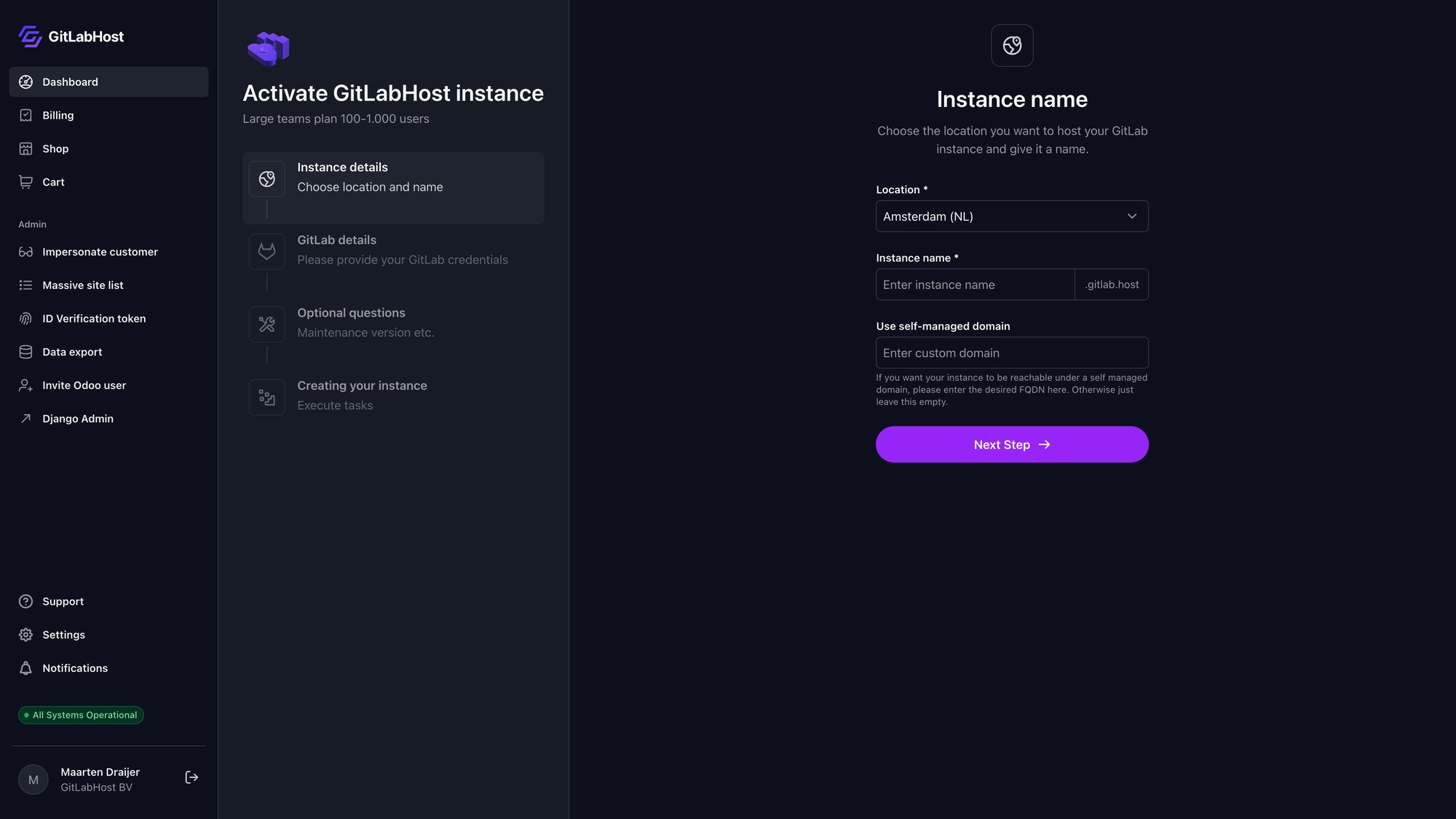 GitlabHost Dashboard screenshot: /2-1-1-activate-instance-instance-details/
