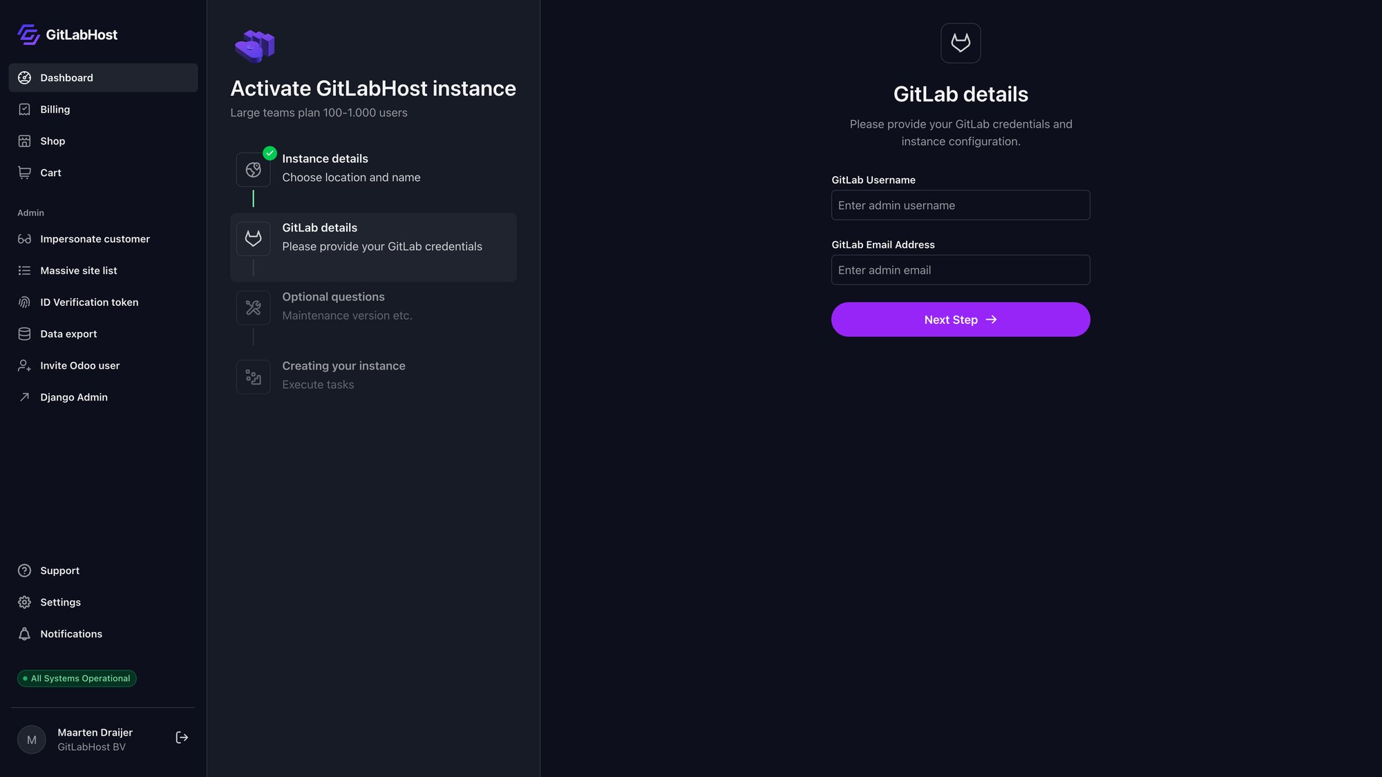 GitlabHost Dashboard screenshot: /2-1-2-activate-instance-gitlab-details/
