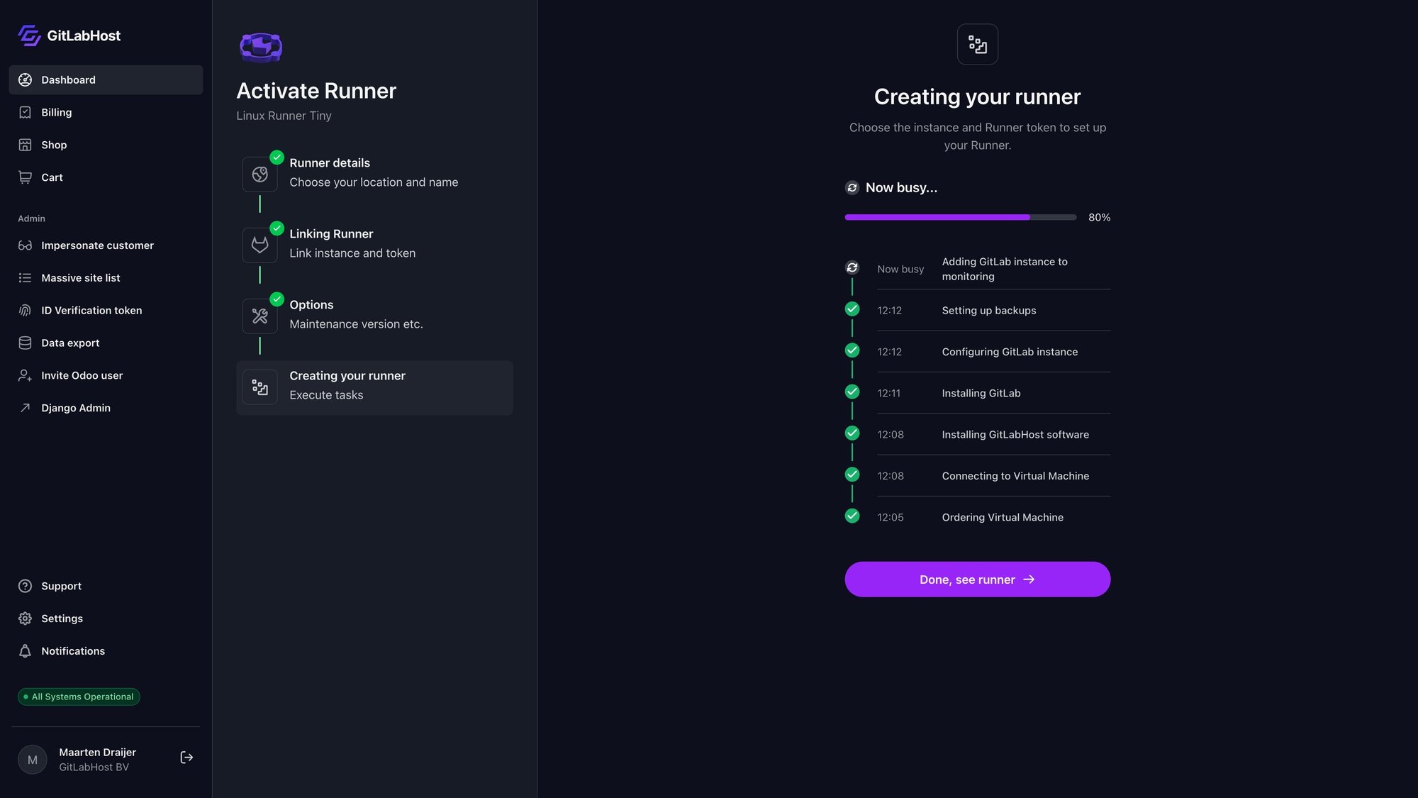 GitlabHost Dashboard screenshot: /2-2-4-activate-runner-creating/