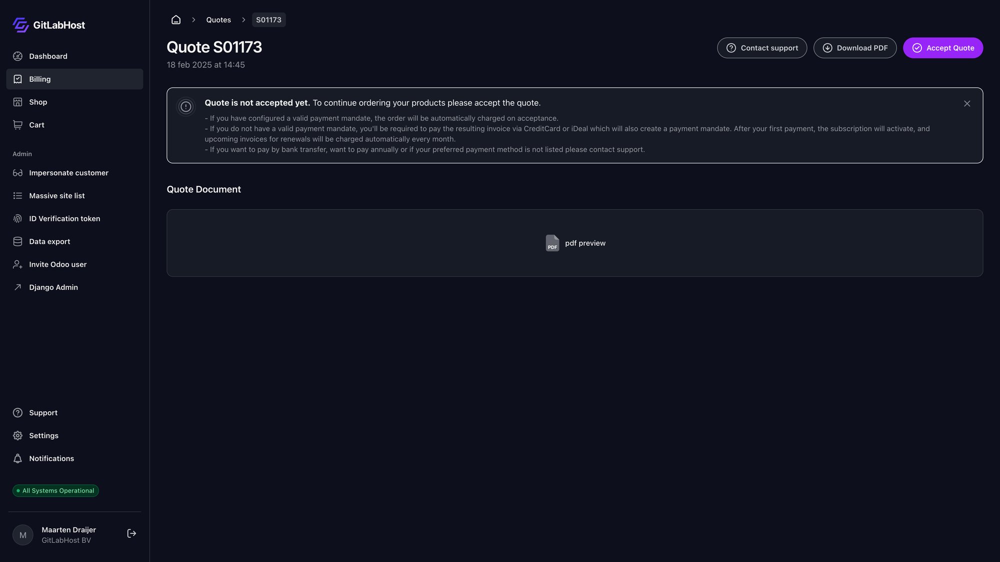 GitlabHost Dashboard screenshot: /3-1-1-quote-detail/S01173/