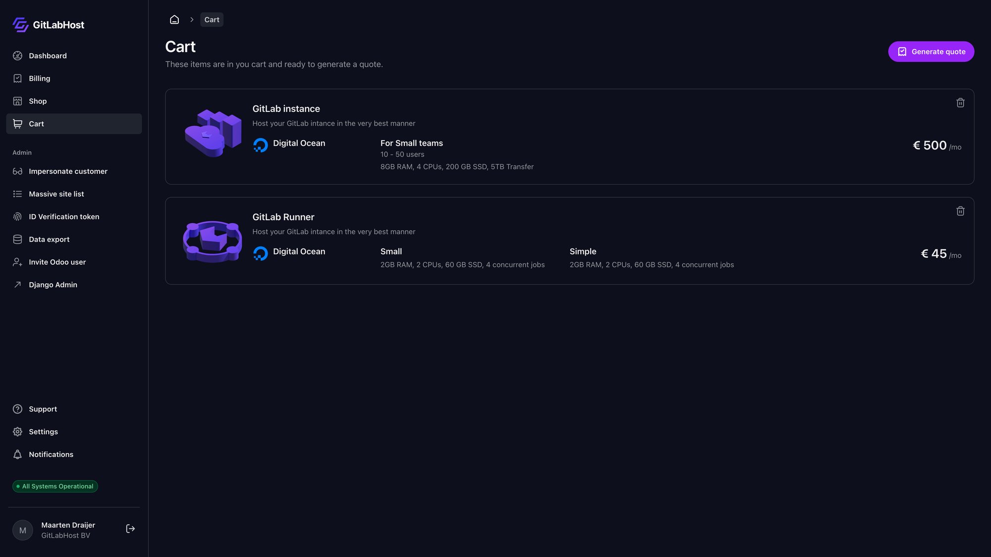 GitlabHost Dashboard screenshot: /5-0-cart/