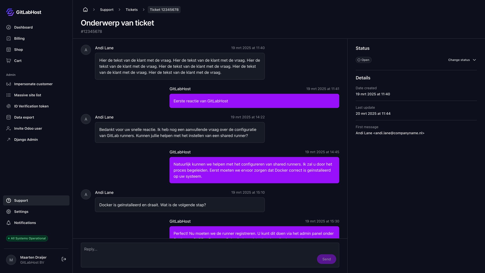 GitlabHost Dashboard screenshot: /6-1-1-support-ticket-detail/12345678/