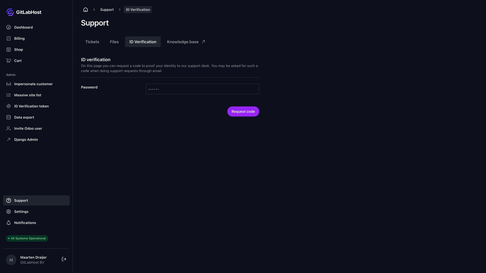 GitlabHost Dashboard screenshot: /6-3-support-id-verification/