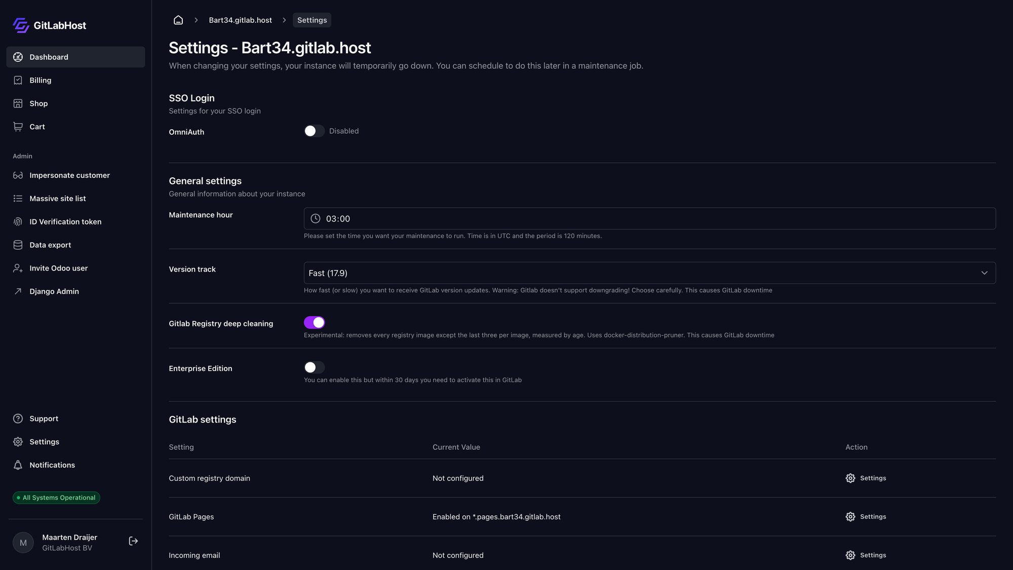 GitlabHost Dashboard screenshot: /2-1-settings/