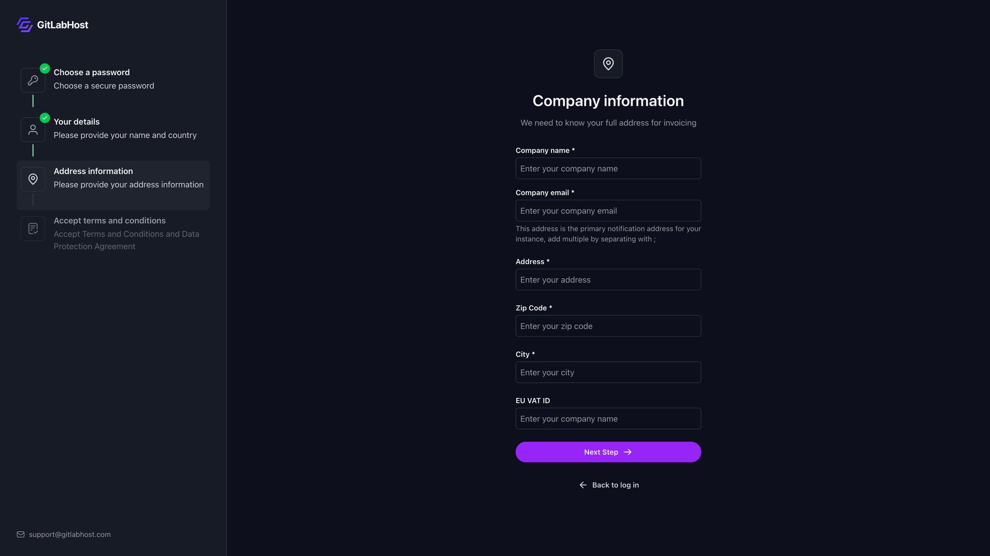 GitlabHost Dashboard screenshot: /auth/register/address-company/