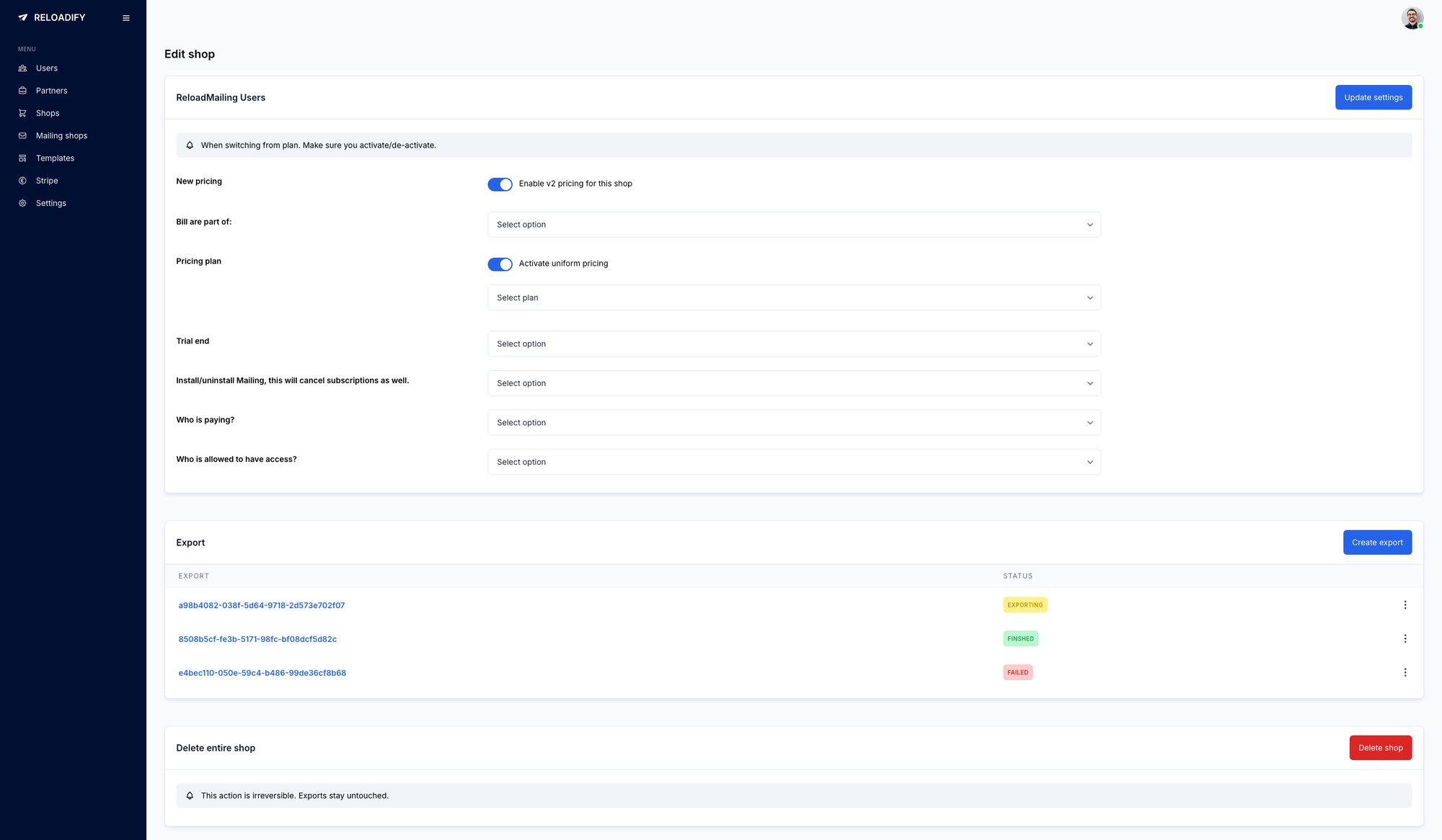 Reloadify App screenshot: Admin / Shop edit