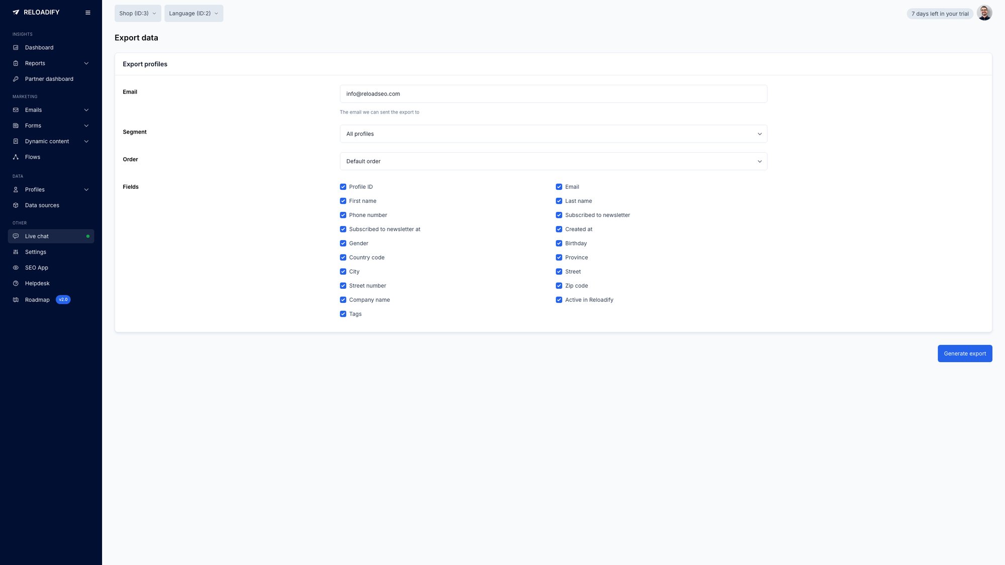 Reloadify App screenshot: Data sources / Exports / Profile