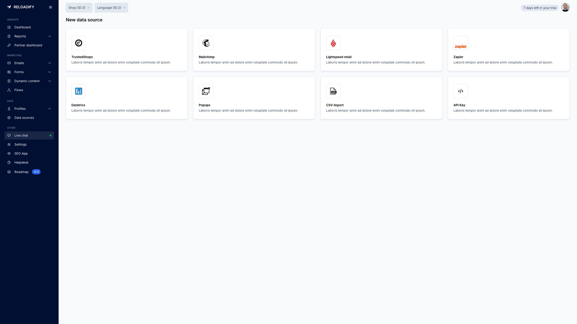 Reloadify App screenshot: Data sources / New
