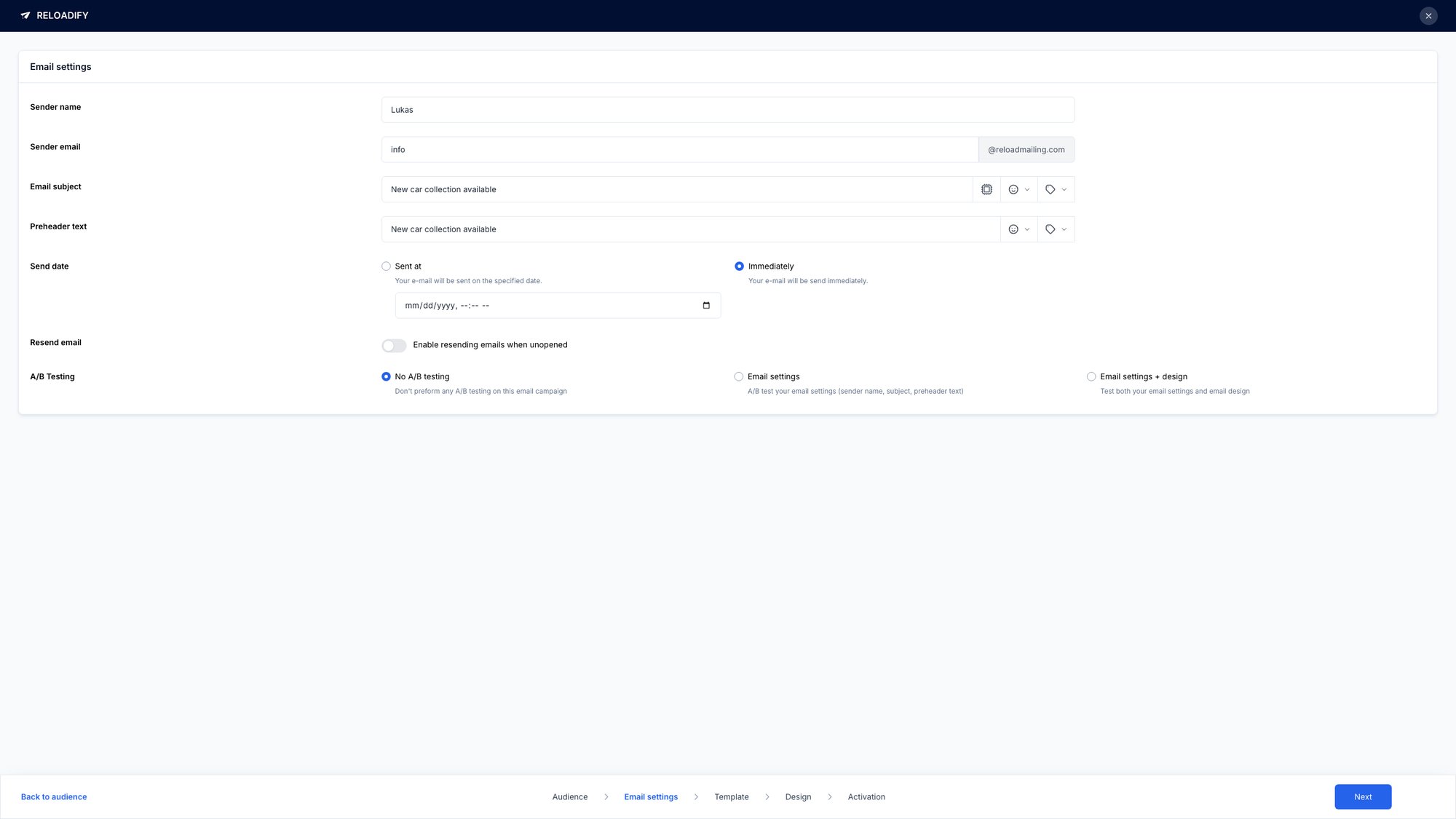 Reloadify App screenshot: Email / Campaigns / Step2