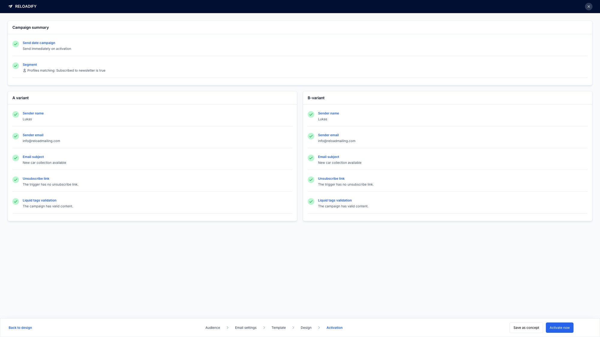 Reloadify App screenshot: Email / Campaigns / Step5 ab