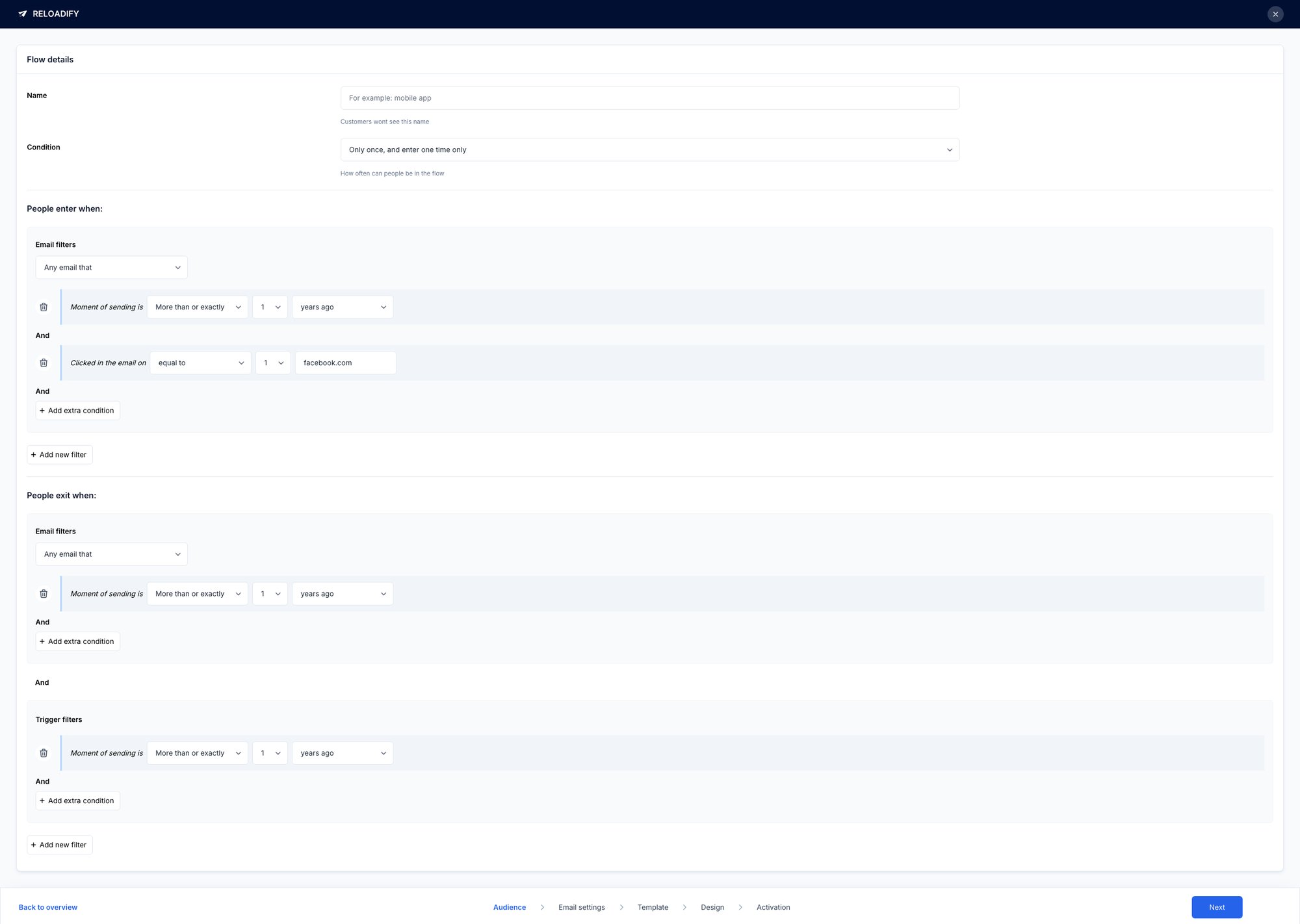 Reloadify App screenshot: Newflows / Step1