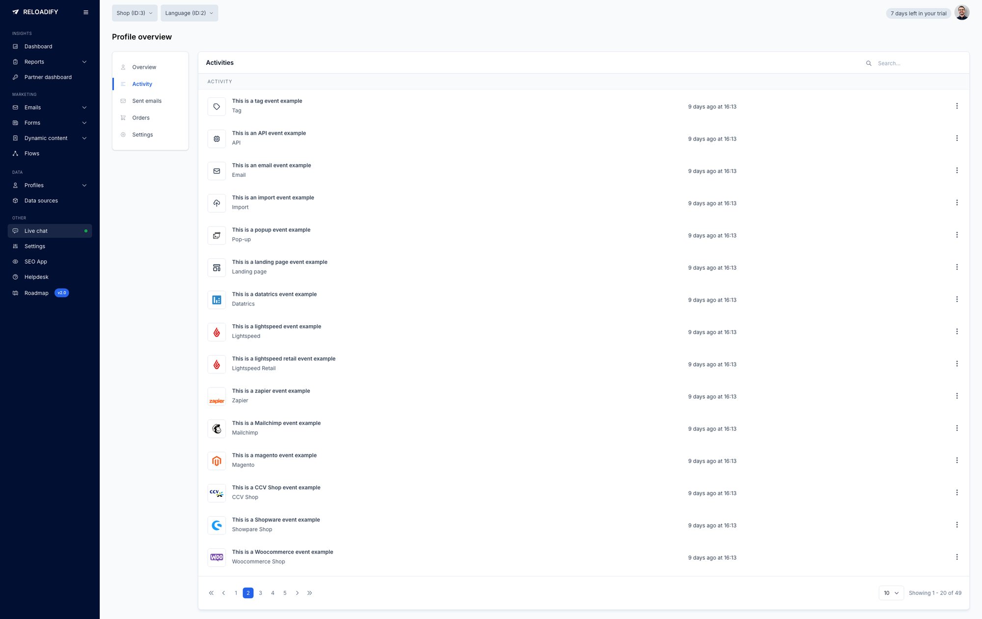 Reloadify App screenshot: Profiles / Activity