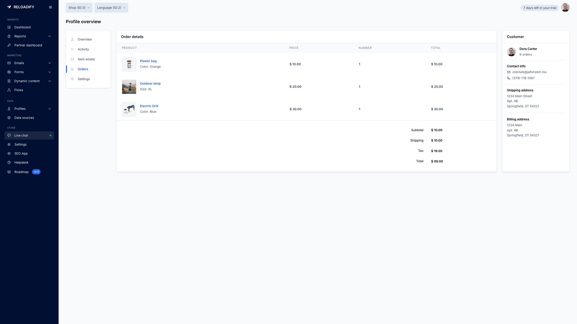 Reloadify App screenshot: Profiles / Order