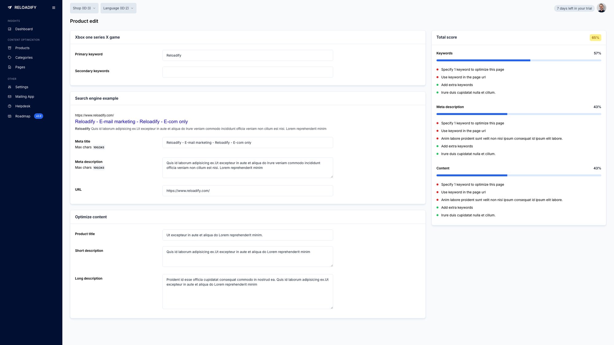 Reloadify App screenshot: Seo / Product item