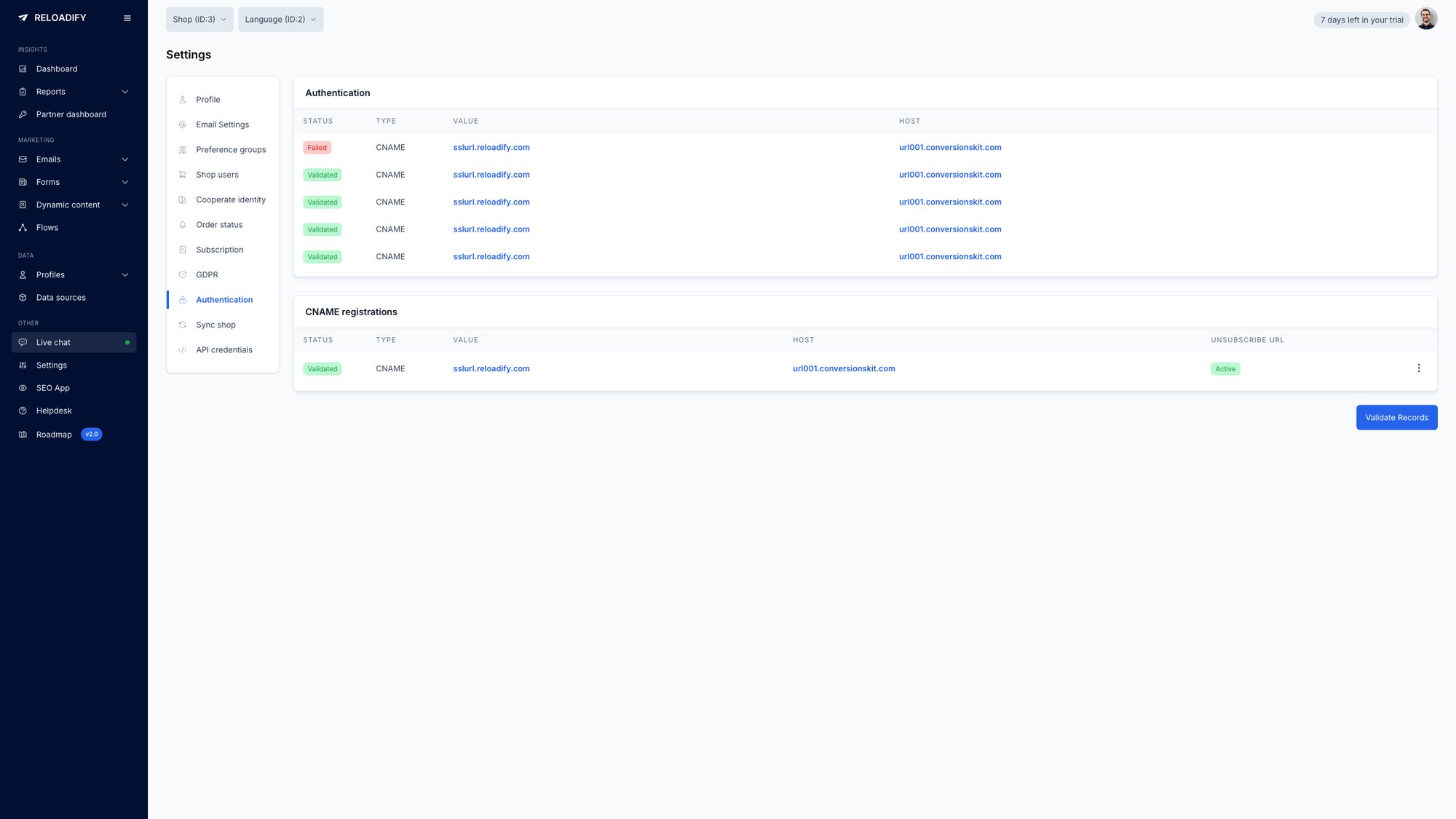 Reloadify App screenshot: Settings / Authentication