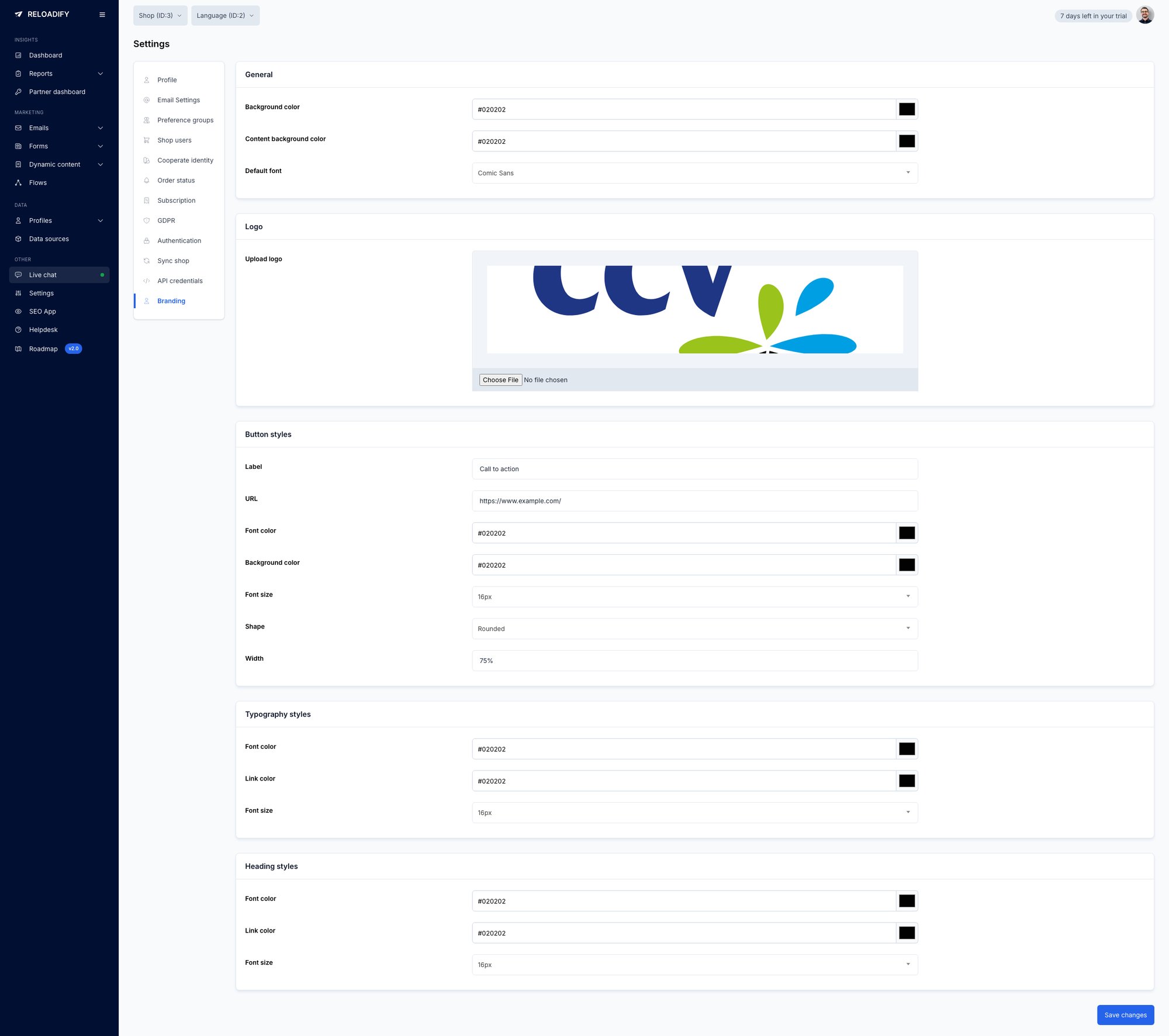Reloadify App screenshot: Settings / Branding