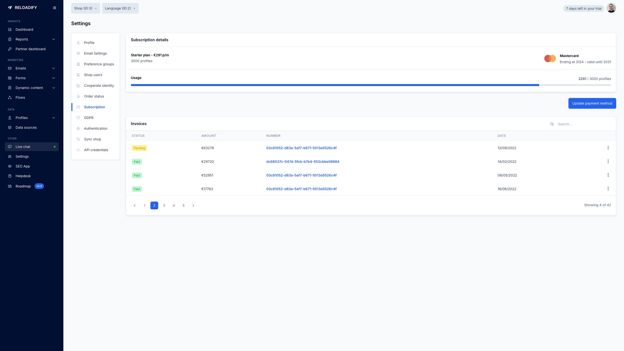 Reloadify App screenshot: Settings / Subscription