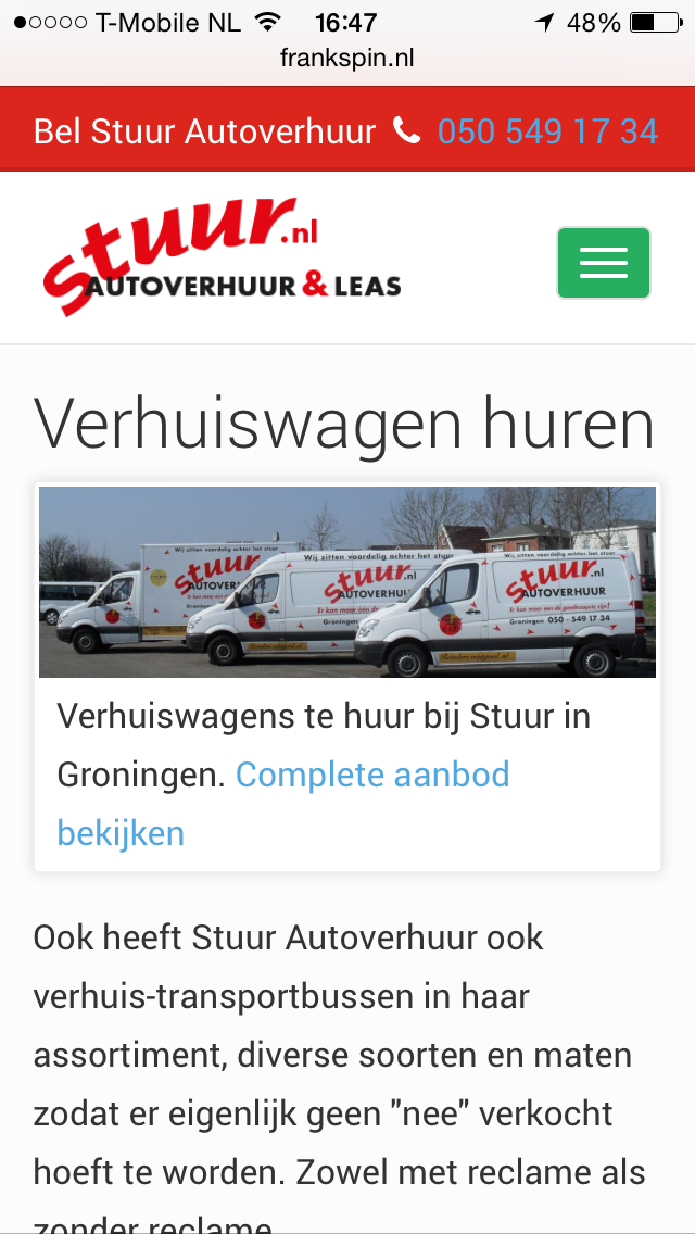 Extended page view of the Stuur autoverhuur site