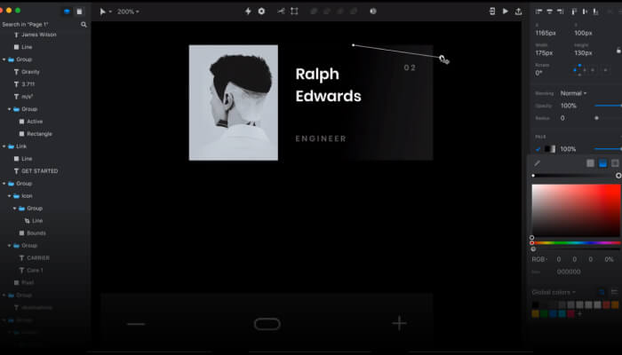 Invision Studio design workspace showing the interface with layout tools, prototyping panel, and a sample app design