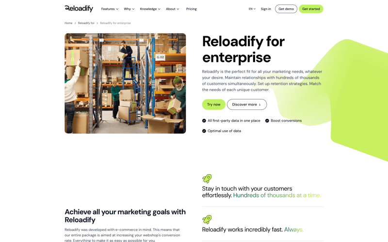 Reloadify audience page built from the modular page system