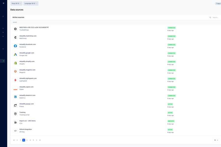 Reloadify App screenshot: Data sources / Overview