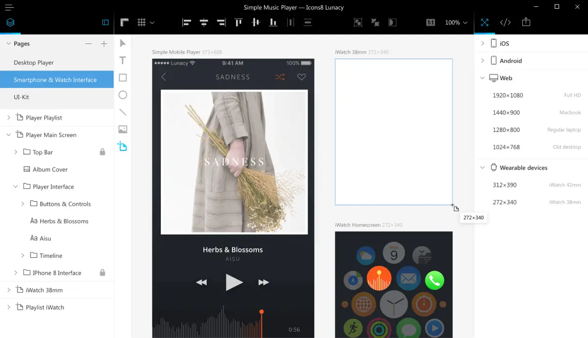 Lunacy app interface displaying a Sketch file opened on Windows with artboards, layers panel, and design canvas