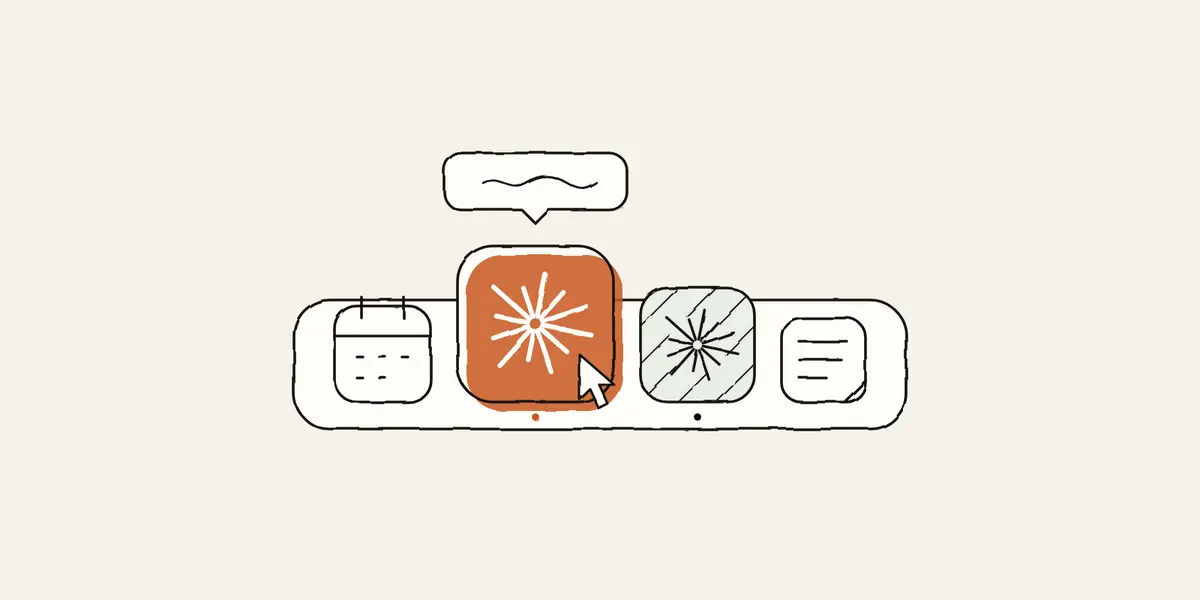 A hand-drawn Dock: two Claude icons, one orange and one hatched, between two smaller apps. The pointer rests on the orange one, which grows.