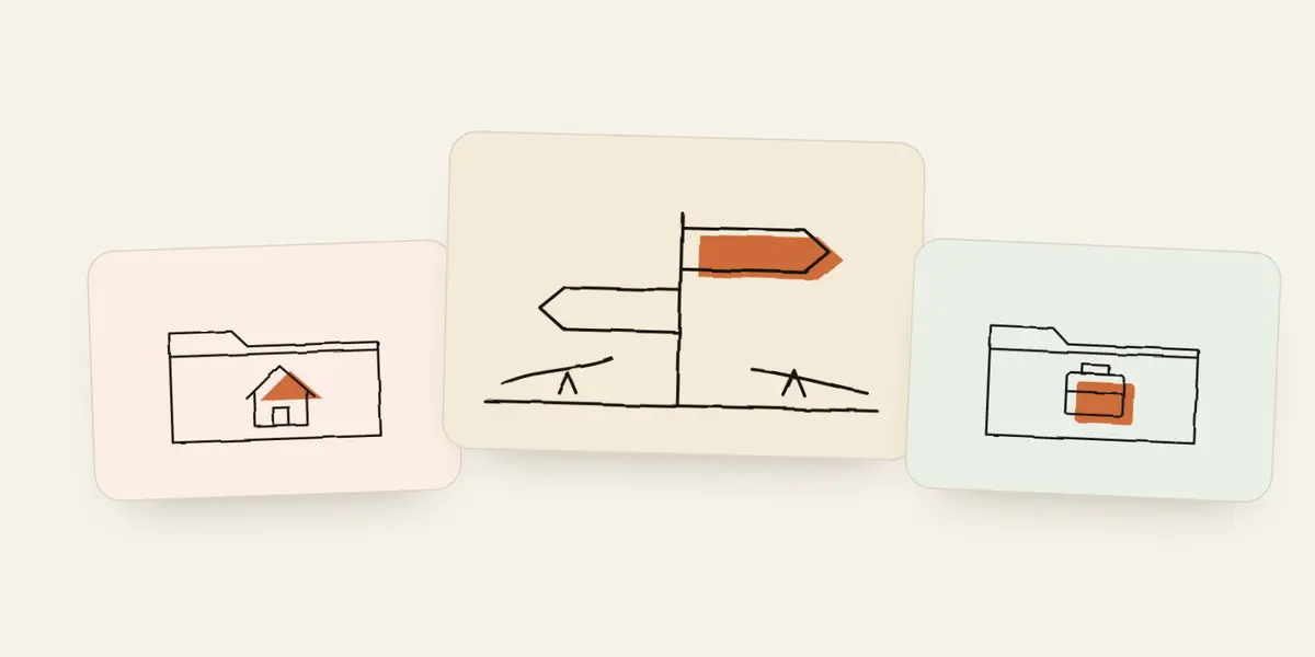 A signpost between a folder with a house and a folder with a briefcase.