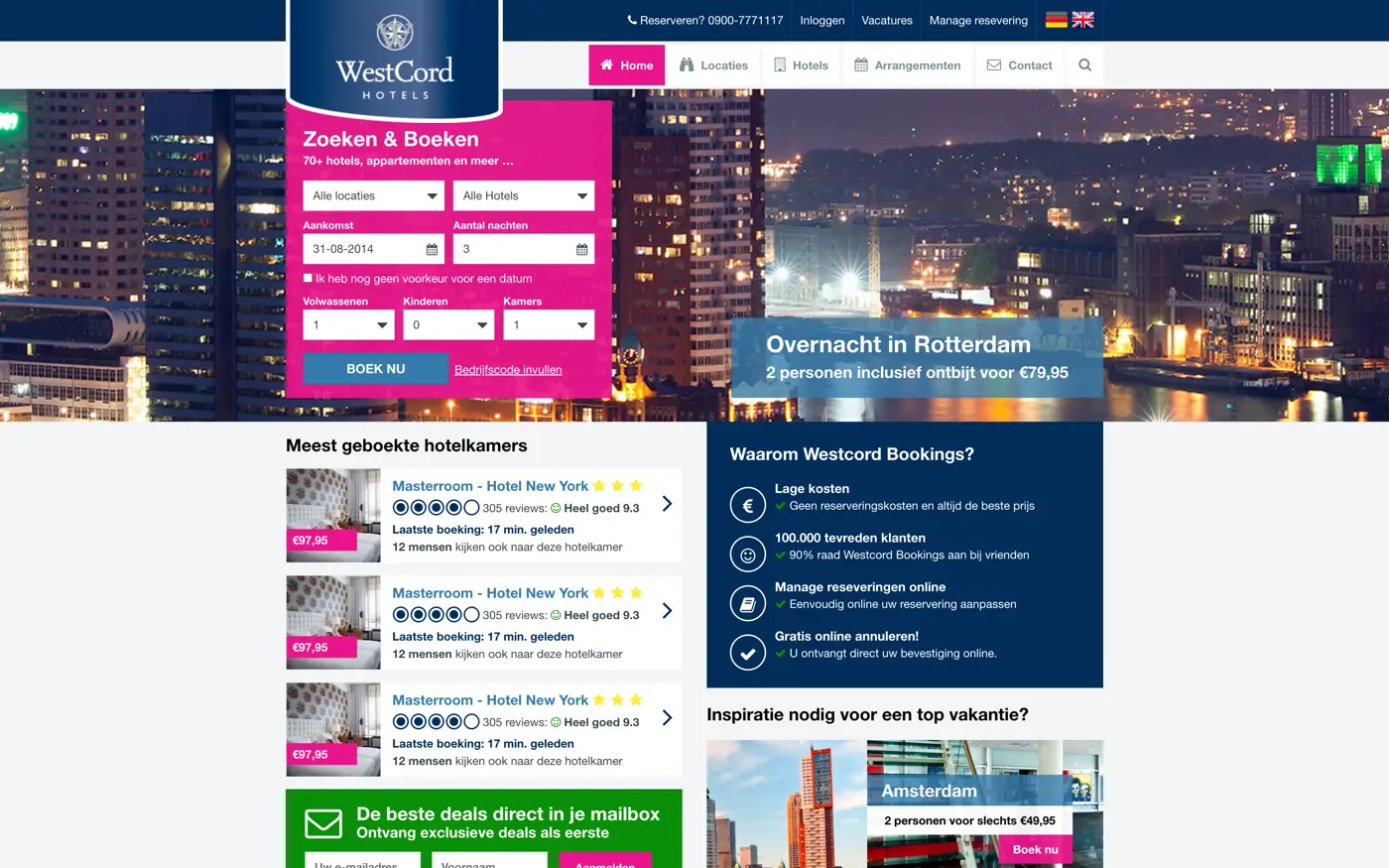 Desktopweergave van de Westcord Booking website