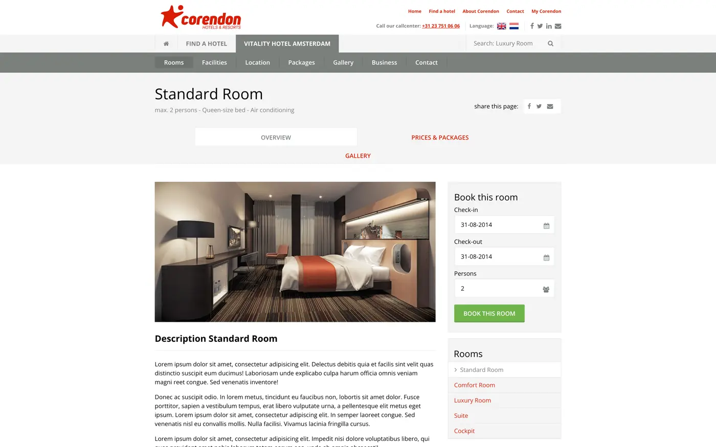 Desktopweergave van de Corendon Hotels website