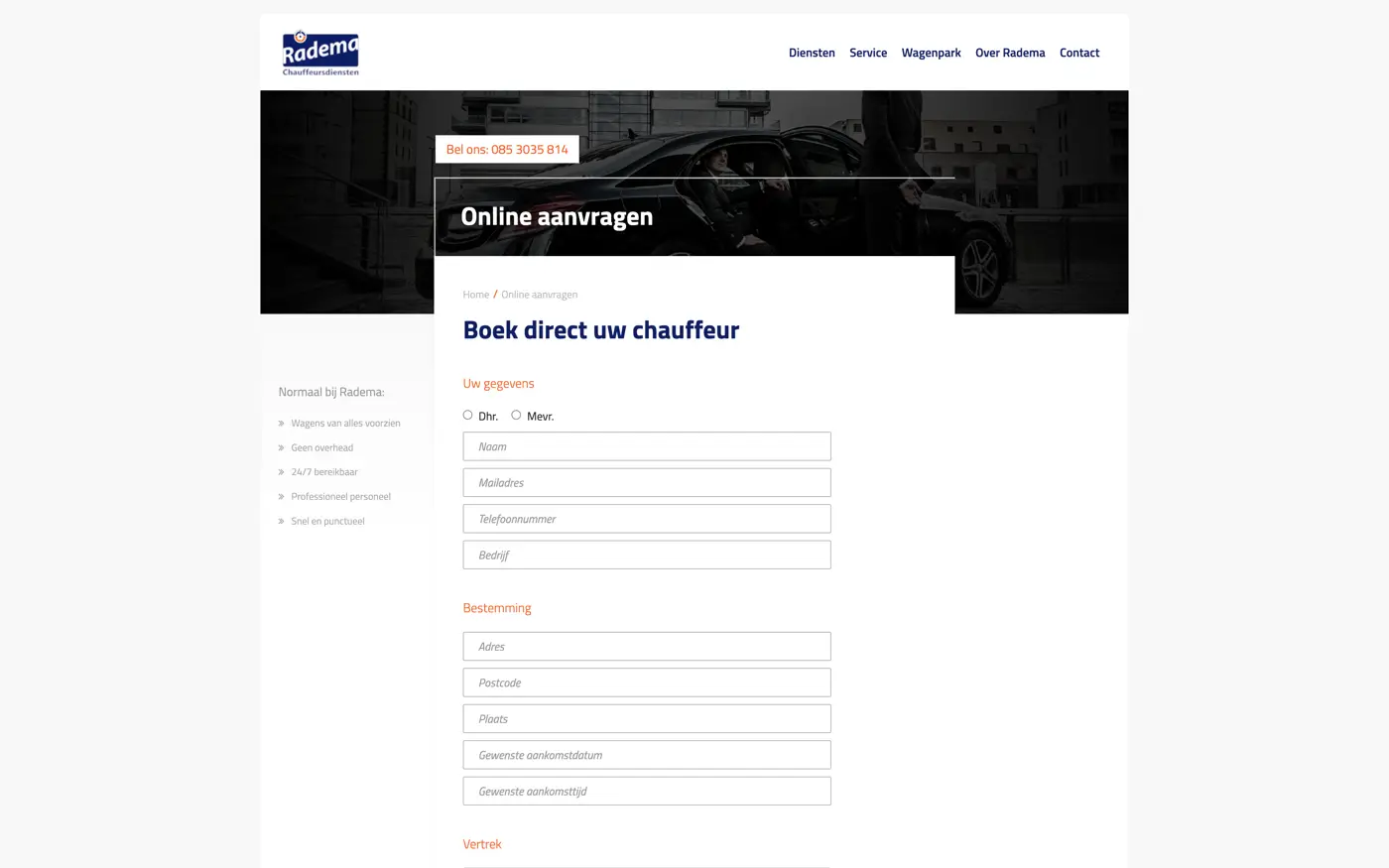 Desktopweergave van de Radema website