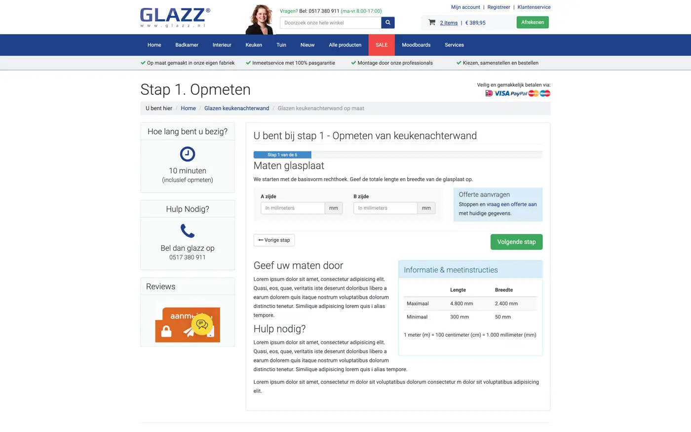 Desktopweergave van de Glazz website