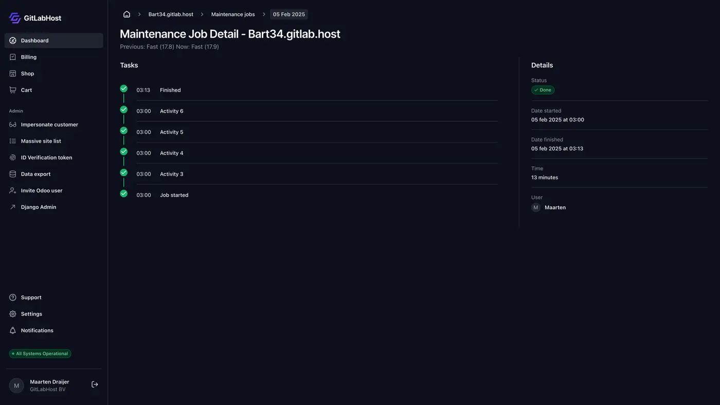 GitlabHost Dashboard screenshot: /1-5-1-instance-maintenance-job-detail/