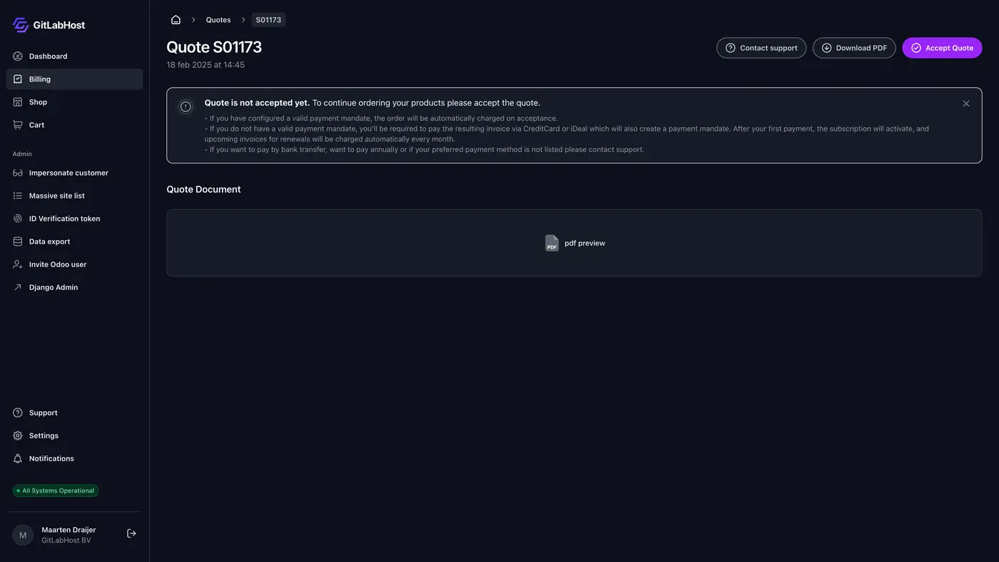 GitlabHost Dashboard screenshot: /3-1-1-quote-detail/S01173/