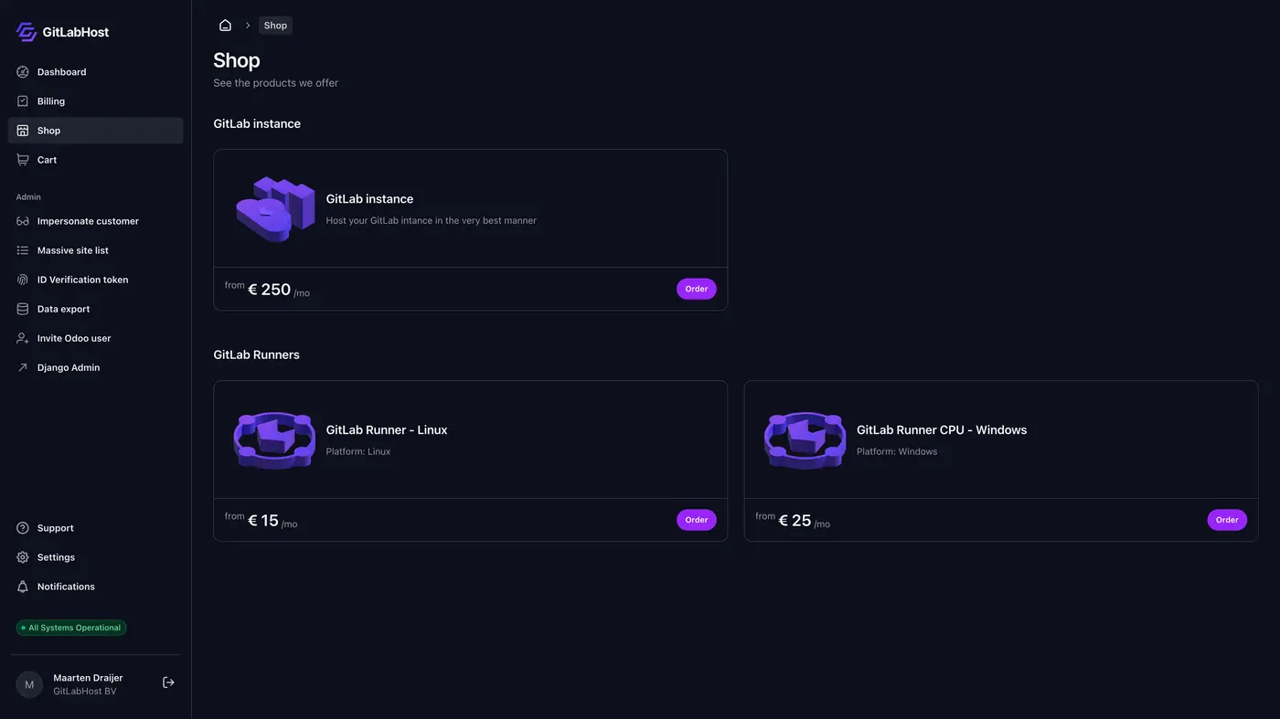 GitlabHost Dashboard screenshot: /4-0-shop/