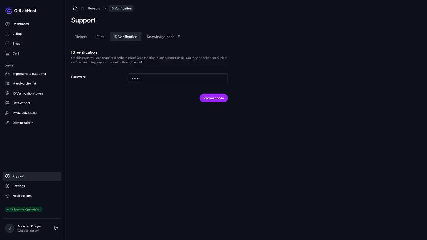 GitlabHost Dashboard screenshot: /6-3-support-id-verification/