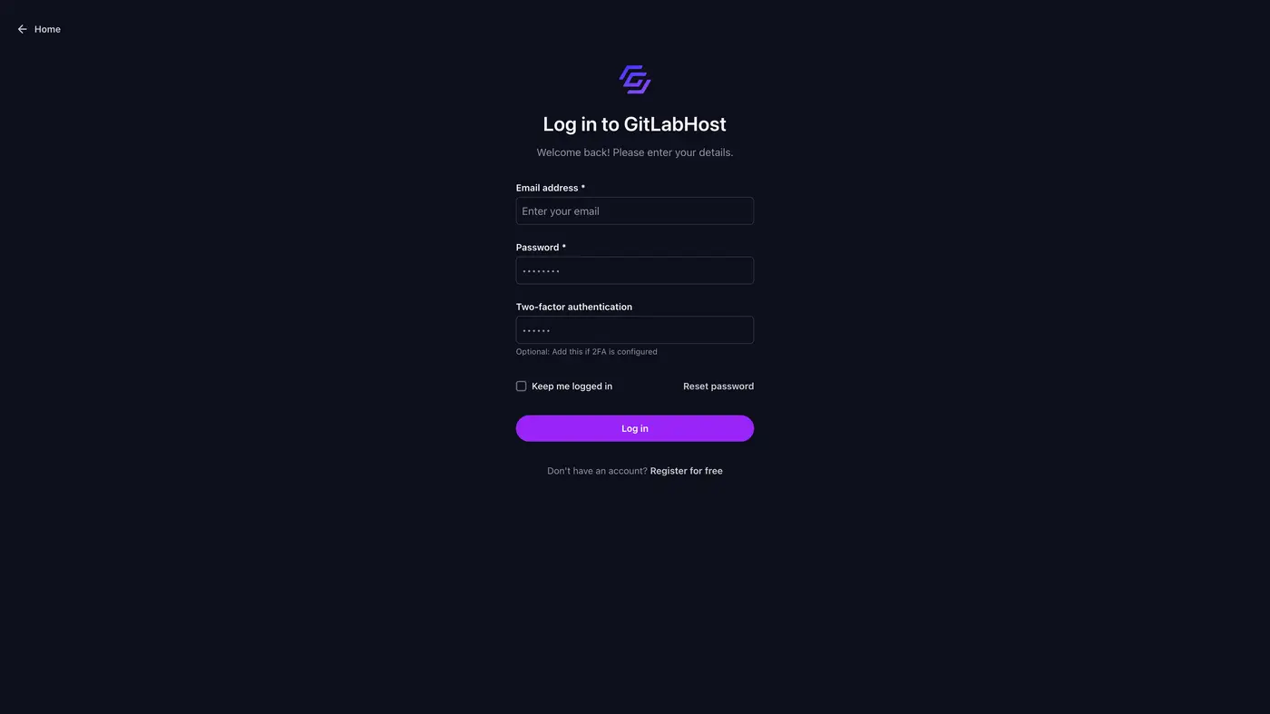 GitlabHost Dashboard screenshot: /auth/login/